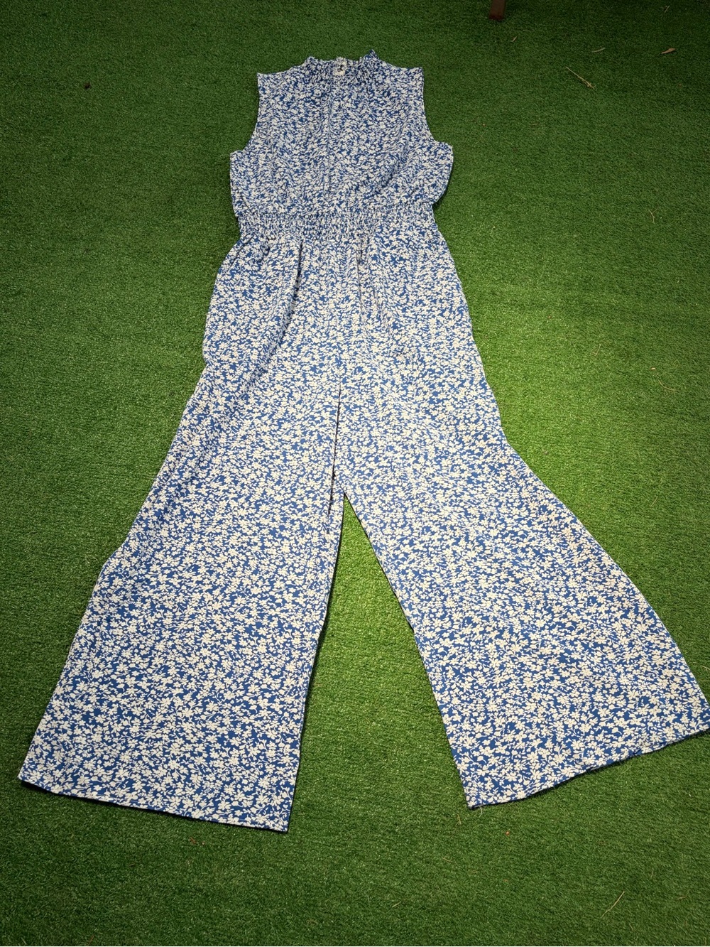 Sleeveless Blue Floral Wide-Leg Jumpsuit with Smocked Waist